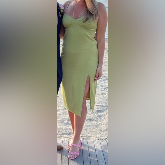 Chic Cocktail Hour Lime Green Satin Cutout Midi Dress - Picture 3 of 3